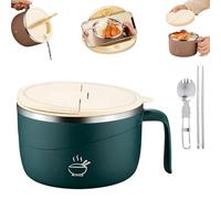 EHOTER Ciotola per ramen da 1200 ml, in acciaio inox, con manico e coperchio, a prova di perdite, per ramen, zuppa e zuppa con forchetta a doppio strato con isolamento termico (verde)