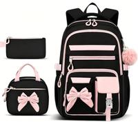 EHOTER Set di 3 zaini per la scuola elementare e secondaria con portapranzo e matite, zaino per adolescenti, zaino per studenti, zaino casual, Nero-rosa, L, Casual