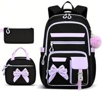 EHOTER Set di 3 zaini per la scuola elementare e secondaria con portapranzo e matite, zaino per adolescenti, zaino per studenti, zaino casual, Nero-viola, L, Casual
