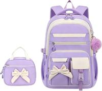 EHOTER Set di 3 zaini per la scuola elementare e secondaria con portapranzo e matite, zaino per adolescenti, zaino per studenti, zaino casual, Viola-bianco, L, Casual