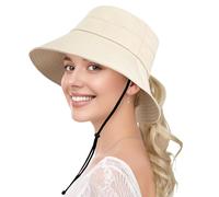 ehsbuy Tesa Larga Cappello Pescatore Donna Pieghevole Cotone Coda di Cavallo Cappelli Sole Bucket Hat con Cinghia Regolabile per Beach Safari Pesca Viaggio