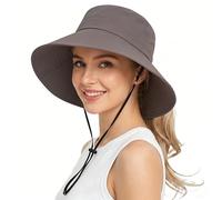 ehsbuy Tesa Larga Cappello Pescatore Donna Pieghevole Cotone Coda di Cavallo Cappelli Sole Bucket Hat con Cinghia Regolabile per Beach Safari Pesca Viaggio