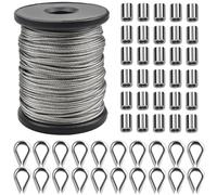 Ehuihuan Cavo Acciaio 1,5mm, Filo di Ferro Acciaio Inox per Appendere Quadri, Cavo Metallico per Tende, 50m Corda Acciaio Inossidabile, 30PCS Anello Crimpatura Alluminio, 20PCS Ditali Fune Metallica