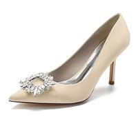 EICOFF Scarpe da Sposa con Tacco a Spillo da Donna Décolleté in Raso con Punta Chiusa Slip-on Strass Scarpe da Abito Festa Lavoro Vestito,Champagne,37 EU