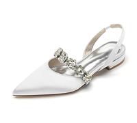 EICOFF Slingback Scarpe Basse da Sposa Donna Raso Cristallo Ballerine Punta Chiusa Scarpe da Abito Sandali Piatto per Lavoro Matrimonio Ballo,Bianca,38 EU