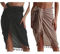Eicolorte Pareo da spiaggia - Copricostume da donna, semi-velato, gonna corta con nappe, 25-nero+kaki-corto, 3XS