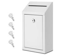 EIENHOSHI Scatola per donazioni in metallo con serratura, montaggio a parete, scatola per suggerimenti con 4 chiavi in ferro, bianca, scatola per contanti con fessura, confezione da 1