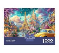 Eiffel Tower with Yellow Vintage Car Puzzle Da 1000 Pezzi Dreamy Landmark Building Perfetto Per Uomini, Donne, Anziani E over 65 52x38cm/1000pcs