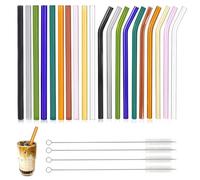 Eiflayn Cannucce di Vetro,20 Pezzi Cannucce Vetro,8 * 20cm 10 Lungo Dritto Cannuccia di Vetro+10 Vetro Curvo+4 Spazzole Pulizia,Riutilizzabile Cannuccia,Vetro Colorato,Adatto per Succhi Frutta,Latte