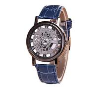 Eighosee Orologio da polso da uomo alla moda con scheletro, al quarzo, con cinturino in pelle, nero e blu, Nero e blu.