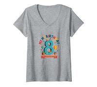 Eight is My New Favorite Number Regalo di Compleanno Maglietta con Collo a V, Donna, Grigio Melange, XXL