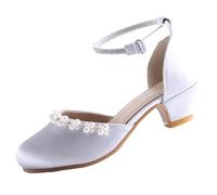 EIGHT KM Scarpe Mary Jane con Tacco Alto da Ragazza Principessa per Matrimonio e Festa EKM7033 Seta Liscia Lucida perlacea Argento Taglia EU 35