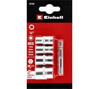 Einhell 5 pezzi set di bussole con adattatore E 6.3 | Esagono incassato | misure 7 / 8 / 10 / 13 mm | acciaio CrV | adattatore quadro da 1/4" con attacco E 6.3