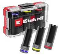 Set di bussole a percussione originale Einhell, 3 pezzi (acciaio CrMo, attacco quadro da ½", lunghezza 80 mm, 17/19/21 mm, fosfato di manganese, anelli colorati, inserto in EVA in M-CASE)