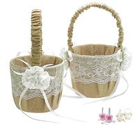 EinsSein Set 2 Cestini Matrimonio Juta e Raso 17x26x13 cm | Cesti Vimini con Manico per Petali Fiori Confetti | Damigella Sposa Bambina Cuore Decorativo Cerimonia Elegante