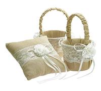 EinsSein Set Cuscino Portafedi + 2 Cestini Petali Jute Flower Matrimonio | 20x20 Cuore con Pizzo e Juta | Cuscinetto Elegante Champêtre per Fedi Nuziali e Cerimonia Nozze