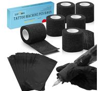 EIPTWH 200 Pezzi Copri Penne per Tatuaggi con 6 Nastri per Impugnatura per Tatuaggi,Borse per Penne per Macchinetta per Tatuaggi in Colori Neri e Involucri Autoadesivi per Penne per Tatuaggi Blu
