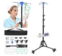 Eirolace Supporto per flebo Regolabile con Ruote, Pieghevole, Altezza Regolabile da 90 a 190 cm, con Ruote Metalliche bloccabili e 4 Ganci, Include 3 Borse portaoggetti e Custodia per Il Trasporto