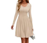 EIRUKON Vestito Donna Invernali Autunnali Maniche Lunghe Vestiti Girocollo Casual Maglia Vestiti Elegante Linea a Vestitino al Ginocchio Autunno Inverno Vita Alta Abito,Beige,L