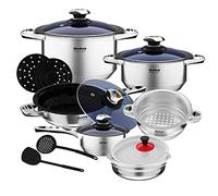 Eisenbach, set di pentole in acciaio inox, 16 pezzi, con indicatore di temperatura, 9 strati, set di pentole con 2 piastre isolanti per tutti i piani cottura (cartone blu)