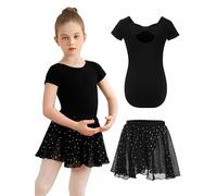Eisnnu Vestiti da Balletto per Ragazze Body Danza Ginnastica Maniche Corte Bambina con Gonna Scintillante Chiffon Rimovibile 2-11 Anni (IT, Numero, 120, Regular, Nero)