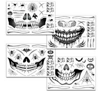 EIYVPRA Tatuaggio viso temporaneo,4 kit di tatuaggi adesivi teschio di zucchero Day of The Dead Makeup,scheletro vampiro accessori di scena cosplay tatuaggio horror halloween decorazione adesivi zombi