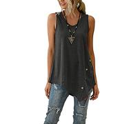 Ejoyous Canottiera da donna asimmetrica hem casual tinta unita girocollo con bottoni, decorazione senza maniche, canotta asimmetrica da donna con orlo irregolare, Nero , L