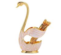 Ejoyous Schwan Dessertlöffel Set, 6 Pezzi Caffè Cucchiaio Set con Portabasi Metallo Cucchiaio da Servizio Cucchiaino Decorazione Tavola Decorazione, per Acqua Tè Latte Caffè Dolci (bianco dorato)