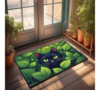 EJXN Fame Mat Soft Fluffy Texture Un gatto nero con occhi verdi incandescenti circondato da lussureggianti foglie verdi. | Tappeto morbido per soggiorno/cucina, antiscivolo, lavabile (50 x 80 cm)