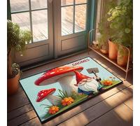 EJXN Tappetino da ingresso lunare con retro antiscivolo, uno gnomo con un cappello rosso che tiene una pala si trova sotto un fungo gigante. Decorazione per ingresso/tappetino per lavello inferiore