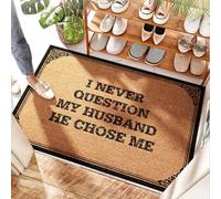 EJXN Zerbino da bagno in cocco, con scritta in inglese "I Never Question My Husband He Chose Me", per esterni e porta di benvenuto/patio - Zerbino in iuta naturale di cocco (50 x 80 cm)