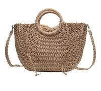 EKalgretrA Borsa Da Spiaggia Intrecciata Borse estive fatte a mano for donna Borsa da spiaggia in paglia avvolta a forma di luna con manico superiore Totes(Khaki addstrap L)