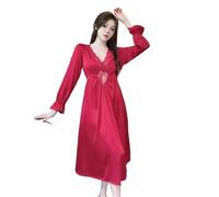 EKalgretrA Pigiama Donna in Seta Camicia da Notte a Maniche Lunghe Donna, Lungo Pullover Estivo, Pigiama in Pizzo Autunnale, Scollo a V, Sottile Balza, Splendida Camicia(Red,L-45-53KG)
