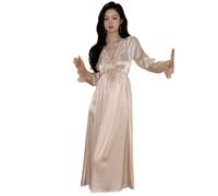 EKalgretrA Pigiama Donna in Seta Camicia da Notte a Maniche Lunghe Donna, Lungo Pullover Estivo, Pigiama in Pizzo Autunnale, Scollo a V, Sottile Balza, Splendida Camicia(Apricot,L-45-53KG)