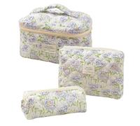 EKEFE 3 beauty case in cotone trapuntato, grande, da viaggio, per cosmetici, graziosi, estetici, floreali, per donne e ragazze (motivo floreale blu), bianco, floreale