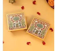 Ekhasa Set di 2 Chowki in marmo di pavone dipinto a mano | Pooja Chowki per Puja | Chowki per Mandir e Idoli di Dio | Piccolo supporto per idoli di Dio | Chowki in marmo per tempio domestico