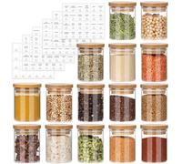 EkkoVla Barattoli in vetro con coperchio in bambù, confezione da 15 (150 ml) - Barattoli ermetici per spezie da cucina, dispensa, erbe, condimenti, caffè, tè e zucchero