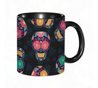 EKLMPS Tazza grande per caffè e tè a colazione - idee regalo per uomo e donna - in porcellana, 330 ml (11oz), Motivo a teschio. Sfondo messicano per il Giorno dei Morti. Dia de los Muertos