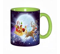EKLMPS Tazza grande per caffè e tè a colazione - idee regalo per uomo e donna - in porcellana, 330 ml (11oz),Fumetto natalizio di Babbo Natale nella sua slitta o slitta che vola davanti a una grande
