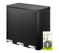 EKO Essential - Pattumiera a 3 scomparti, 3 x 20 litri, sistema di raccolta differenziata, con 20 sacchi della spazzatura, con coperchio, chiusura delicata e ermetica, in acciaio inox nero opaco