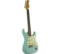 EKO GUITARS- S-300 Relic Daphne Blue, Chitarra Elettrica con Finitura Relic, corpo in Pawlonia, Manico in Acero Americano, Tastiera 22 Tasti in Resina Eko WPC, Colore Daphne Blue