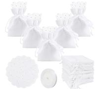EKOCEV 30pz Sacchetti Iuta Bomboniere Confetti 8x10cm Sacchetti Comunione Cresima Bomboniere con 30pz Tulle Veli Organza y 22M Nastro Raso per Prima Comunione Cresima Battesimo Matrimonio, Bianco