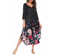 Ekouaer Camicia da notte da donna, lunga, taglie forti, maniche a 3/4, oversize, abito da notte con scollo a V, morbido e largo, da notte S-3XL, 1 nero Dh42, M