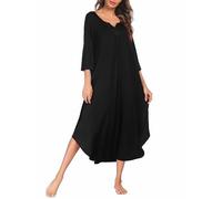 Ekouaer Camicia da notte da donna, lunga, taglie forti, maniche a 3/4, oversize, abito da notte con scollo a V, morbido e largo, da notte S-3XL, Nero , L
