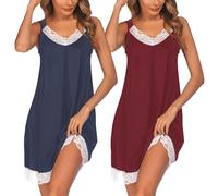 Ekouaer Camicia da Notte Senza Maniche da Donna Casual Camici Pizzo Pigiami per Casa 2pcs Blu Navy+Rosso Vino L