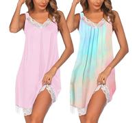 Ekouaer Camicia da Notte Senza Maniche da Donna Casual Camici Pizzo Pigiami per Casa 2pcs Blu Tie Dye+Rosa L