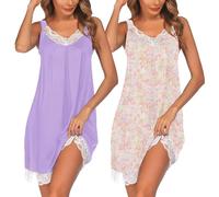 Ekouaer Camicia da Notte Senza Maniche da Donna Casual Camici Pizzo Pigiami per Casa 2pcs Lilla+lfiore Rosa XXXL