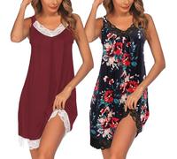 Ekouaer Camicia da Notte Senza Maniche da Donna Casual Camici Pizzo Pigiami per Casa 2pcs Nero Floreale+Rosso Vino XXXL