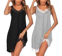 Ekouaer Camicia da Notte Senza Maniche da Donna Casual Camici Pizzo Pigiami per Casa 2pcs Nero+Grigio L