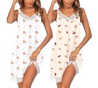 Ekouaer Camicia da Notte Senza Maniche da Donna Casual Camici Pizzo Pigiami per Casa 2pcs Teddy Bear Beige+Bianco XXXL